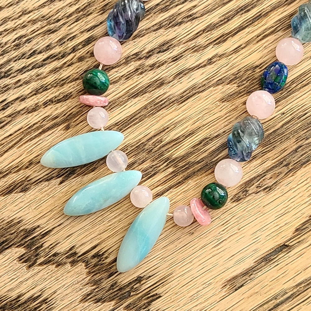 Handmade Boho Beaded Necklace with Natural Stones with Leather Neck Detail
